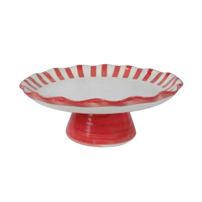 Ceramic Stripe Cake Stand,Red - 10 x 10 x 3.75 Inches