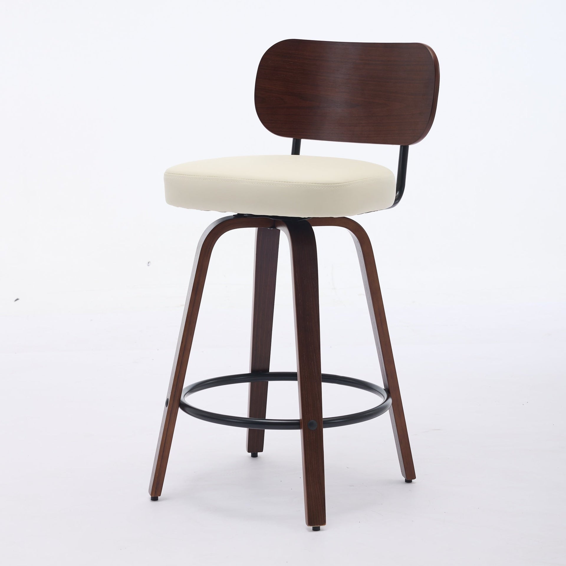 Swivel Bar Stools Set of 2, 26' Upholstered Faux Leather Counter Height Barstools with Walnut Back & Bentwood Legs, Mid Century Modern Bar Chairs Island Stools for Kitchen Counter, Beige PU, SW1864BG