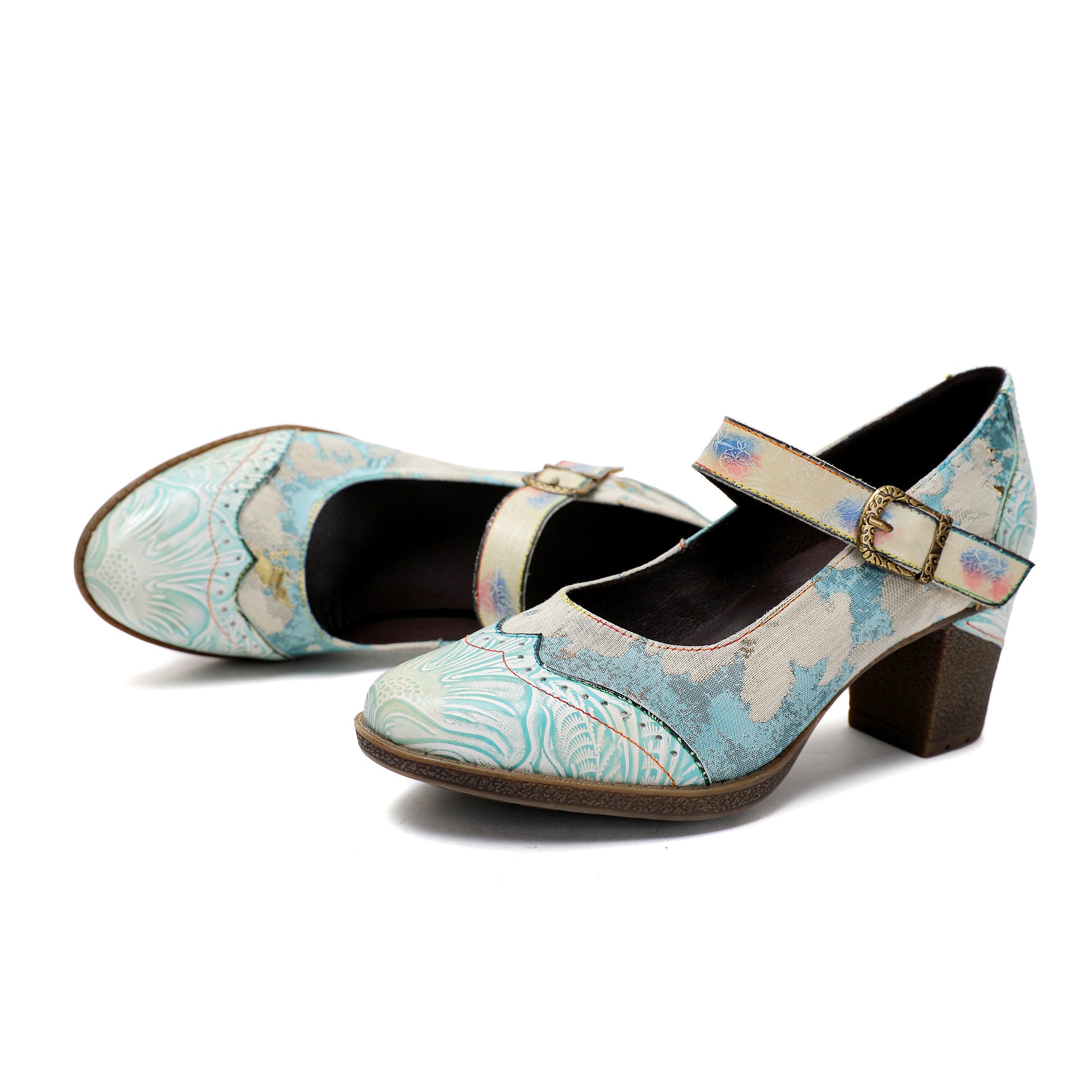 Lady's Heels Handmade Shoes Wedding Party Elegant Vintage Leather Buckle Light Blue Pumps