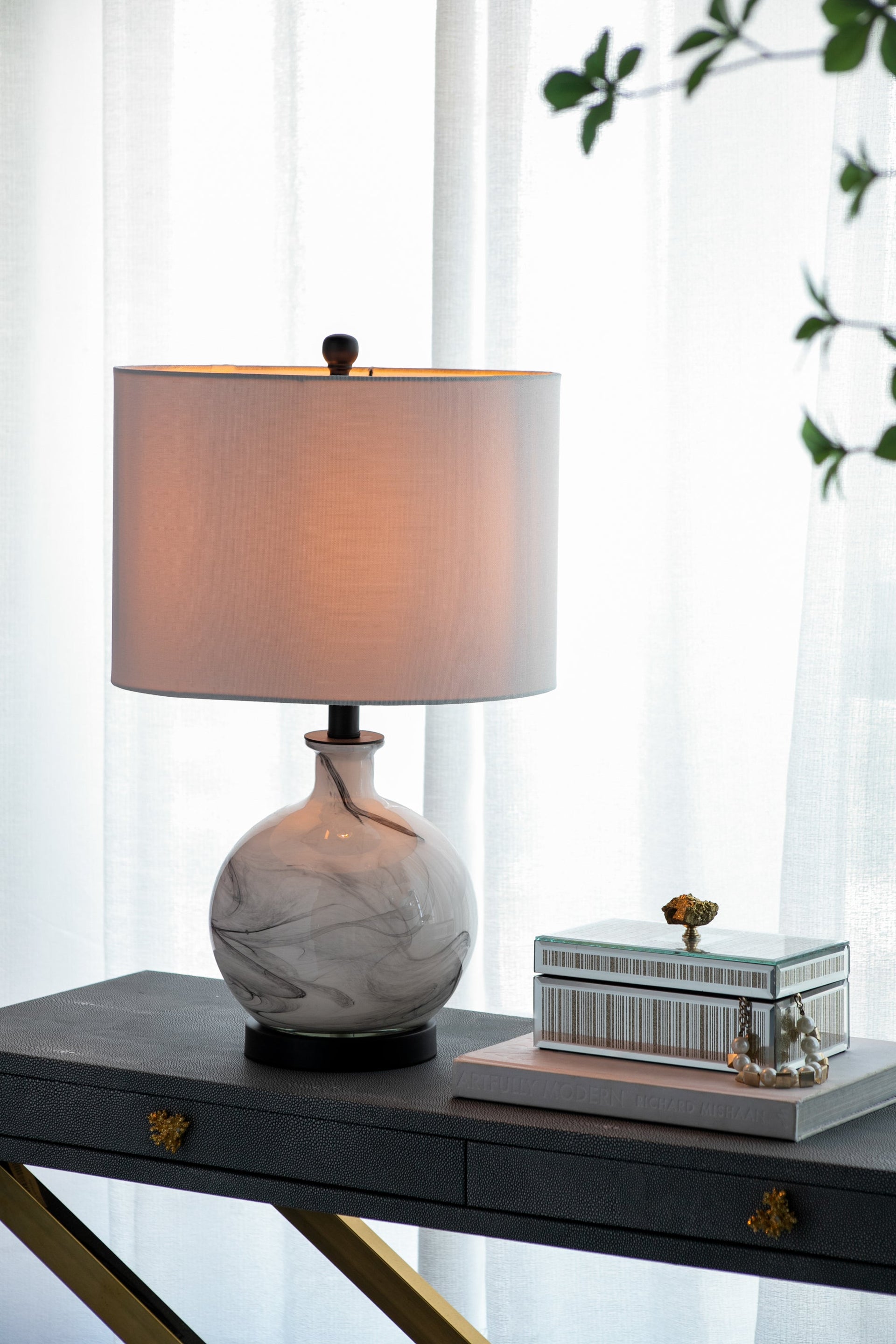 14x14x23' White And Grey Glass Table Lamp