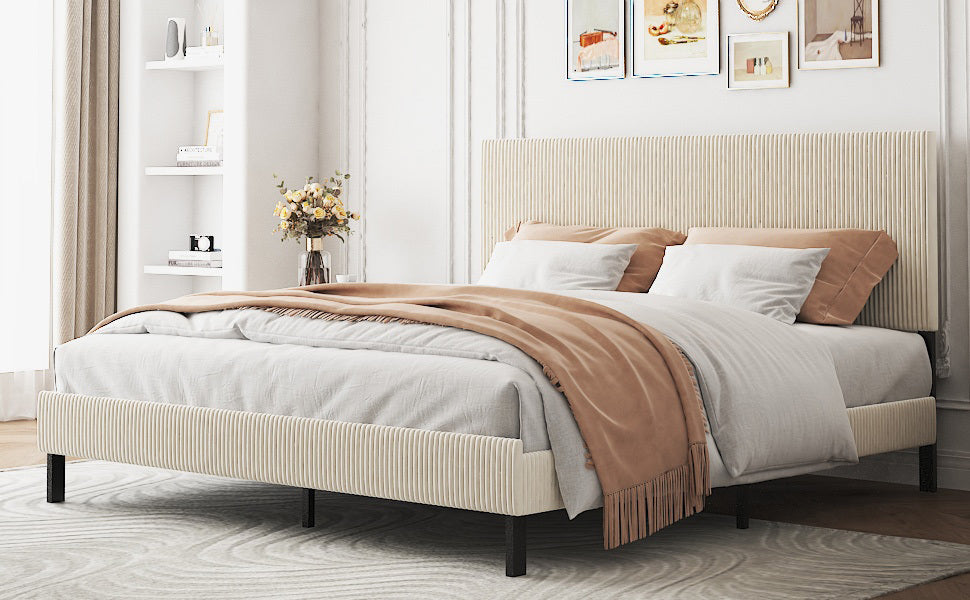 King bed frame with a bandaged headboard is stable and easy to assemble, and the style is simple and elegant,beige