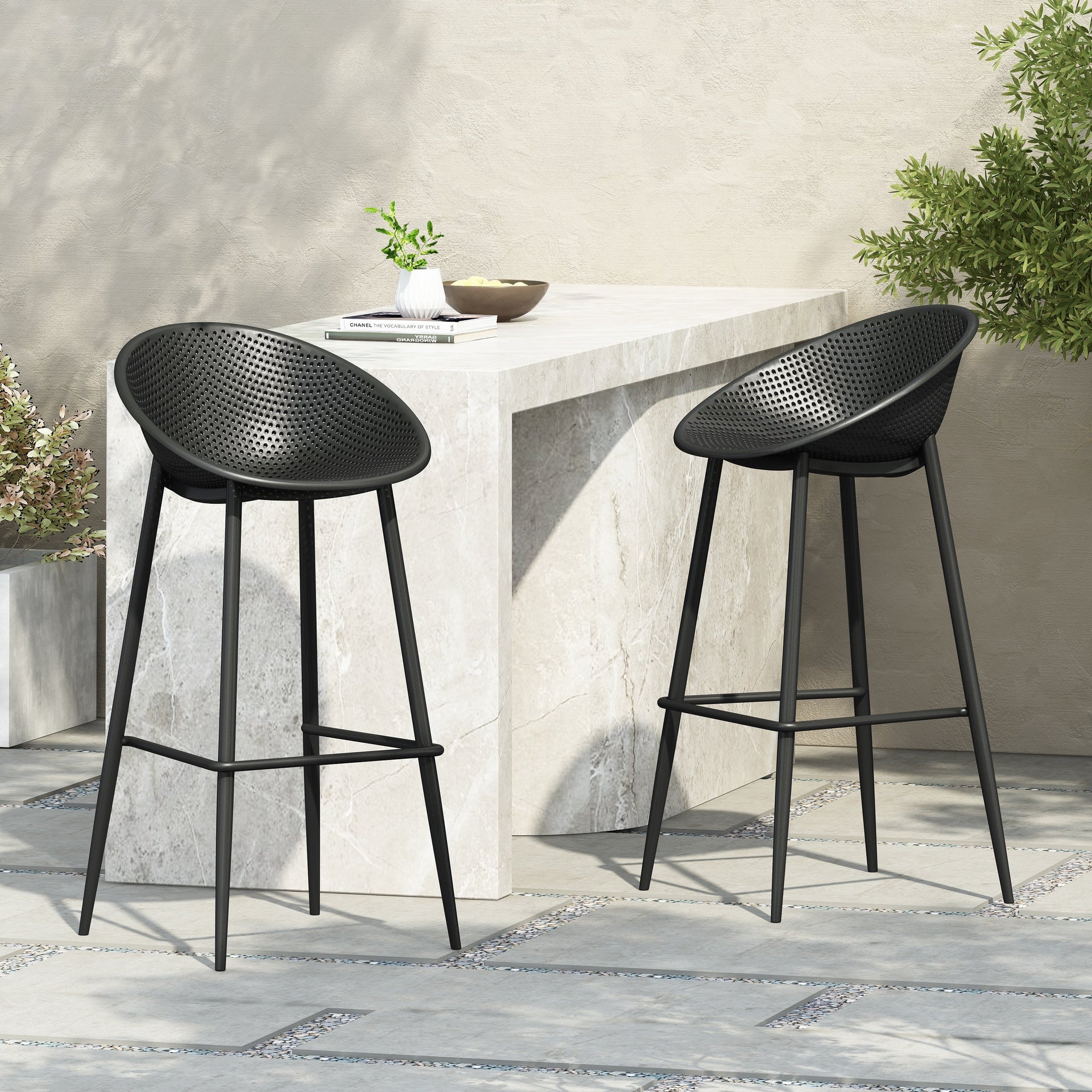 Modern Outdoor Gable Barstool Set of 2 with Weather-Resistant Design in Black Iron and Plastic