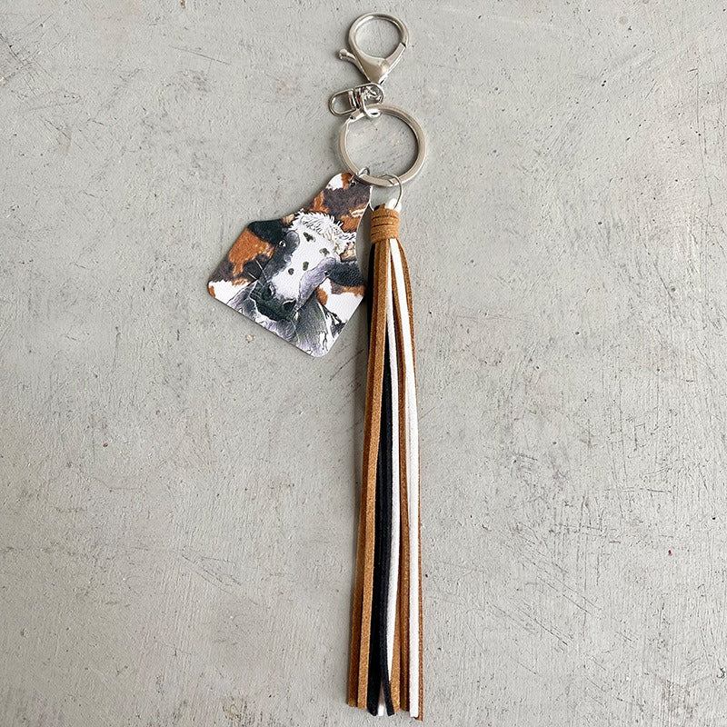Handmade Popular Jewelry Western Farm Style Leather Keychain Cow Horse Deer Cow Brand Leather Tassels