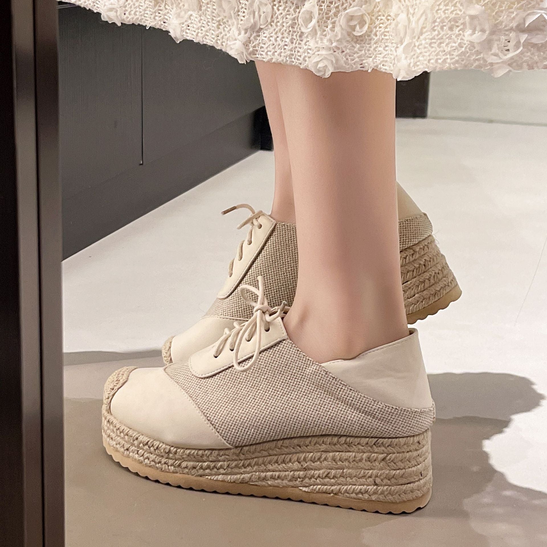 Fisherman's shoes woven grass slope heel women's shoes waterproof front strap high-heeled slope heel fisherman's casual shoes 