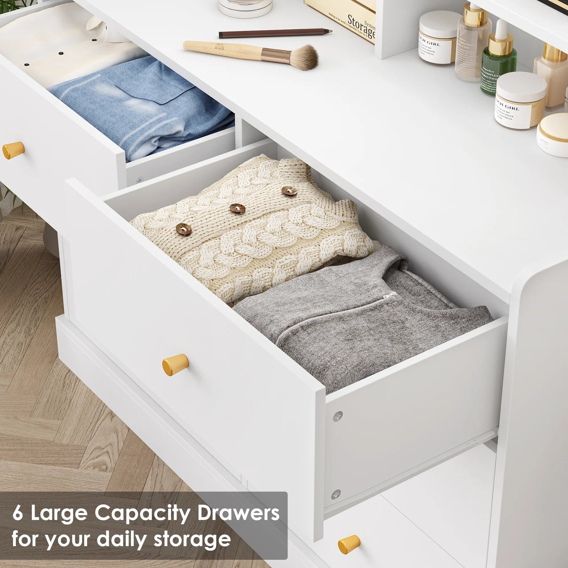 6 Drawer Double White Dresser with Hutch, Modern Wood Dresser Storage Cabinet for Bedroom Living Room