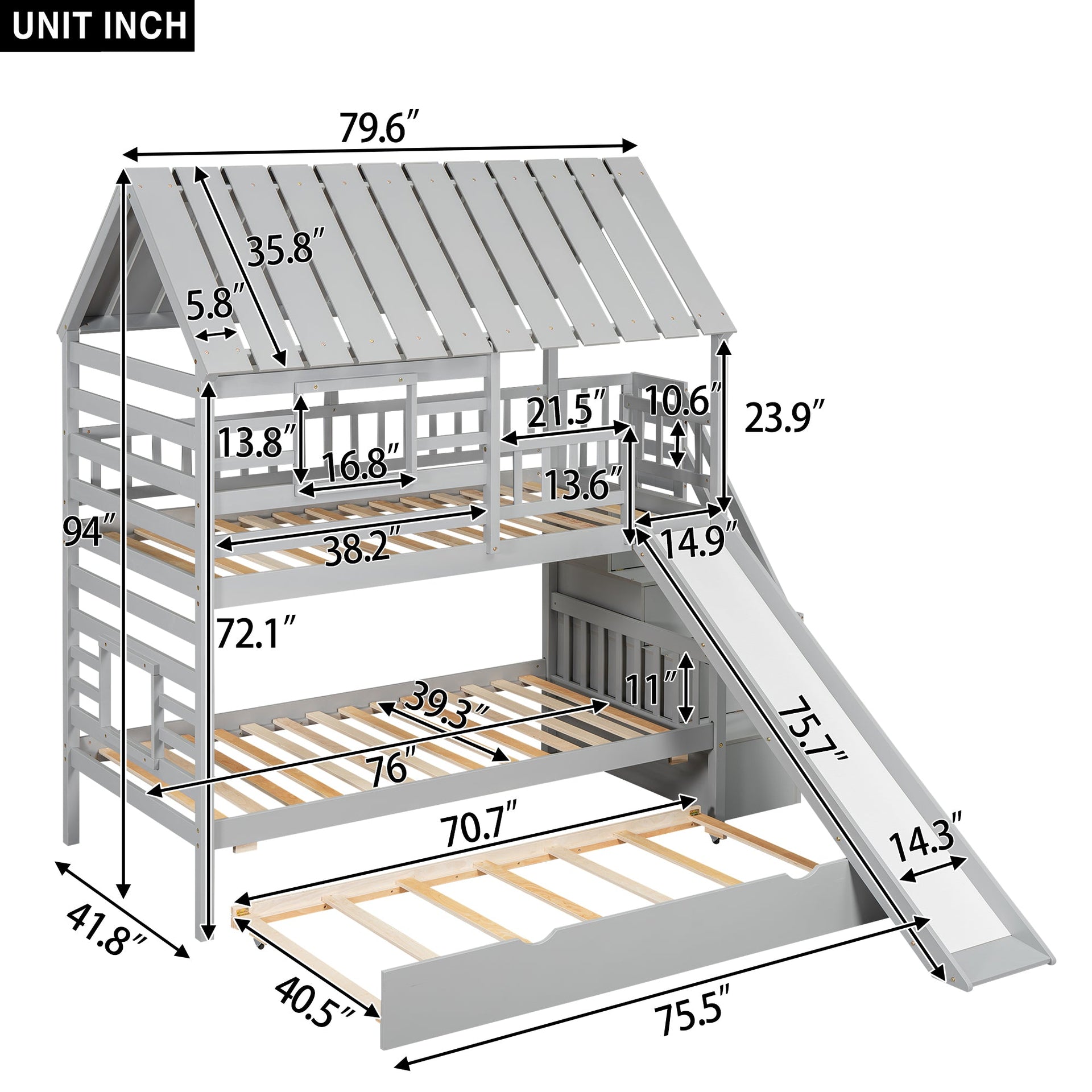 Twin over Twin House Bunk Bed with Trundle and Slide Storage Staircase, Roof and Window Design Gray