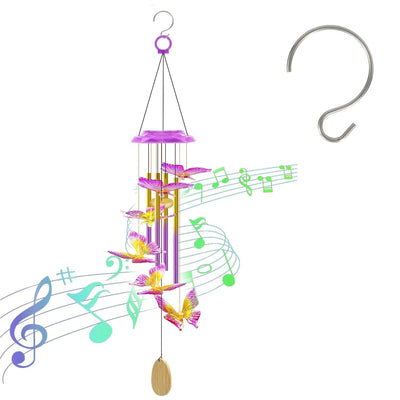 Solar Butterfly Wind Chime with Aluminum Tubes 7 Color Changing Wind Chime for Outside IP44 Waterproof Outdoor Garden Yard Decor