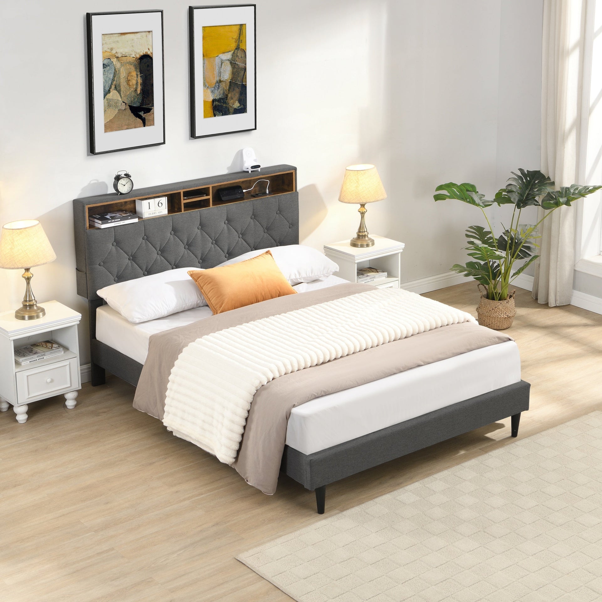 Modern Upholstered King-Size Platform Bed Frame with Button-Tufted Linen Headboard and USB Ports, Dark Grey
