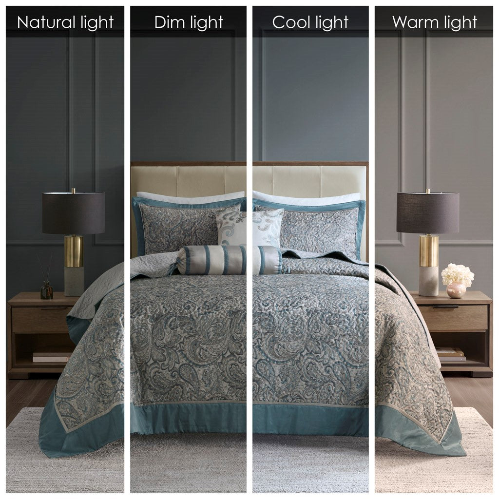 Aubrey 5 Piece Reversible Jacquard Bedspread Set in Teal