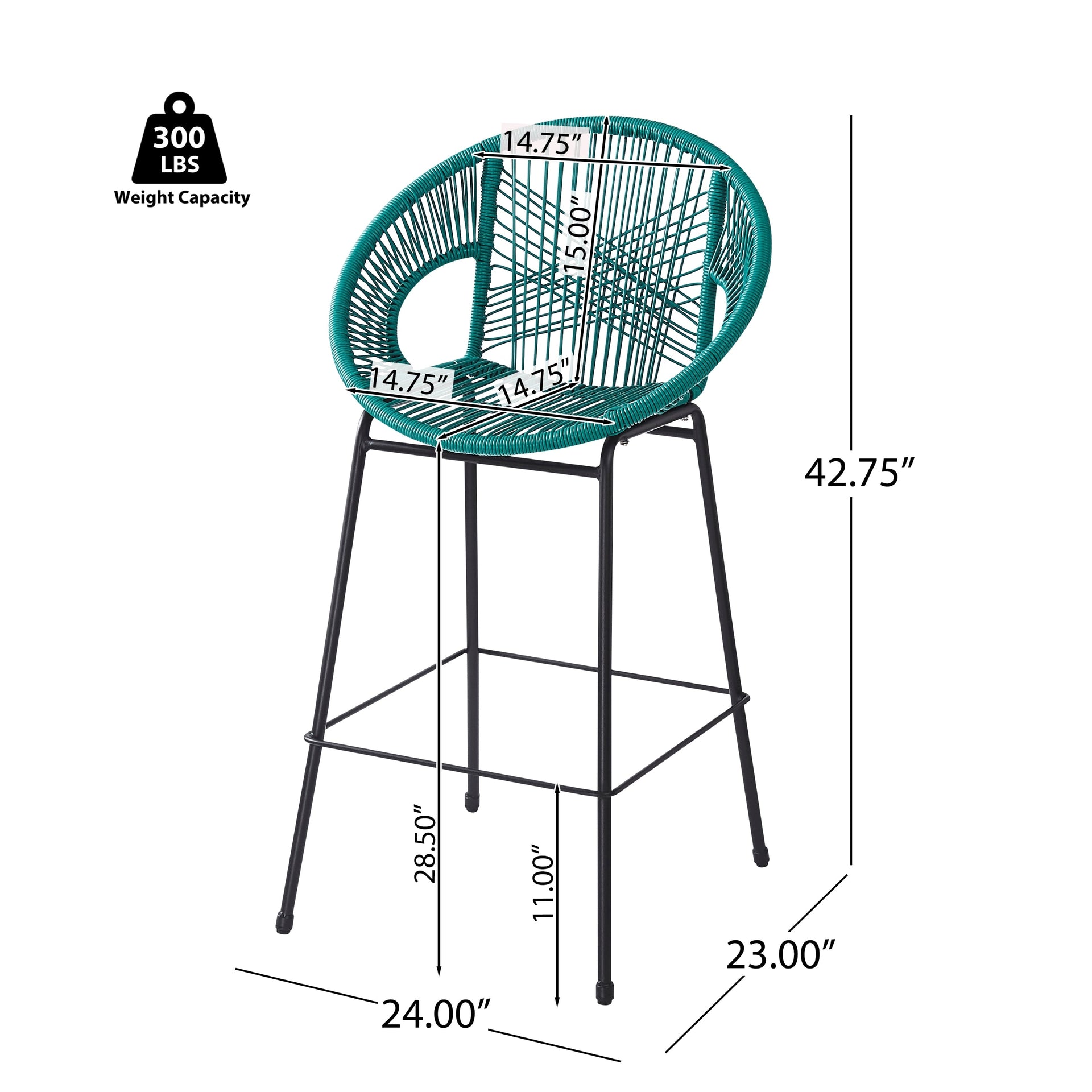 Ferrara Outdoor Patio Teal Faux Wicker Barstool Set, Durable PE Material, Ergonomic Design, Teal Wicker with Black Frame