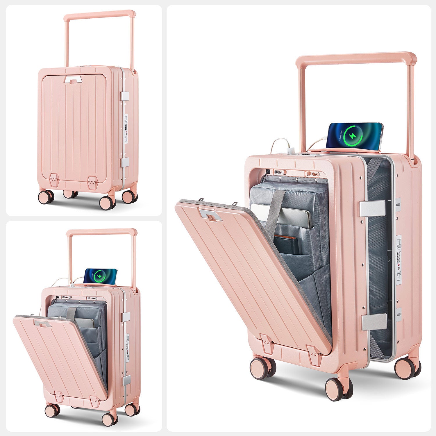 Aluminum Frame 20 Inch with Front Open Carry-on Luggage, PC Hard Shell Suitcase, Bounce Wide Handle Pull Rod Luggage with 360°Double Wheels, Built-In TSA Lock, Airline Approved Suitcase for Business