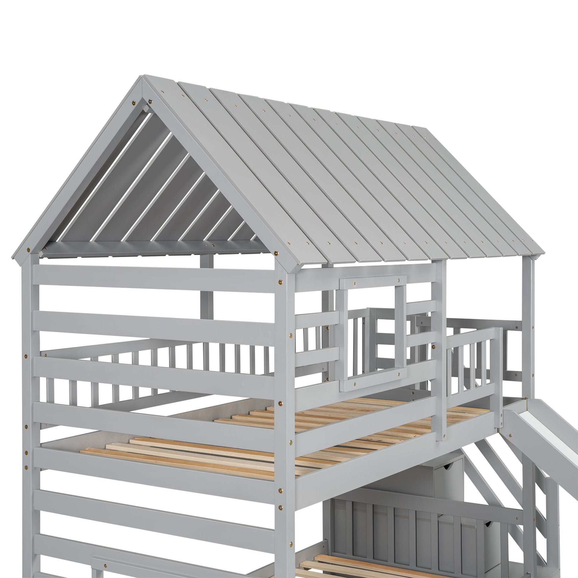 Twin over Twin House Bunk Bed with Trundle and Slide Storage Staircase, Roof and Window Design Gray