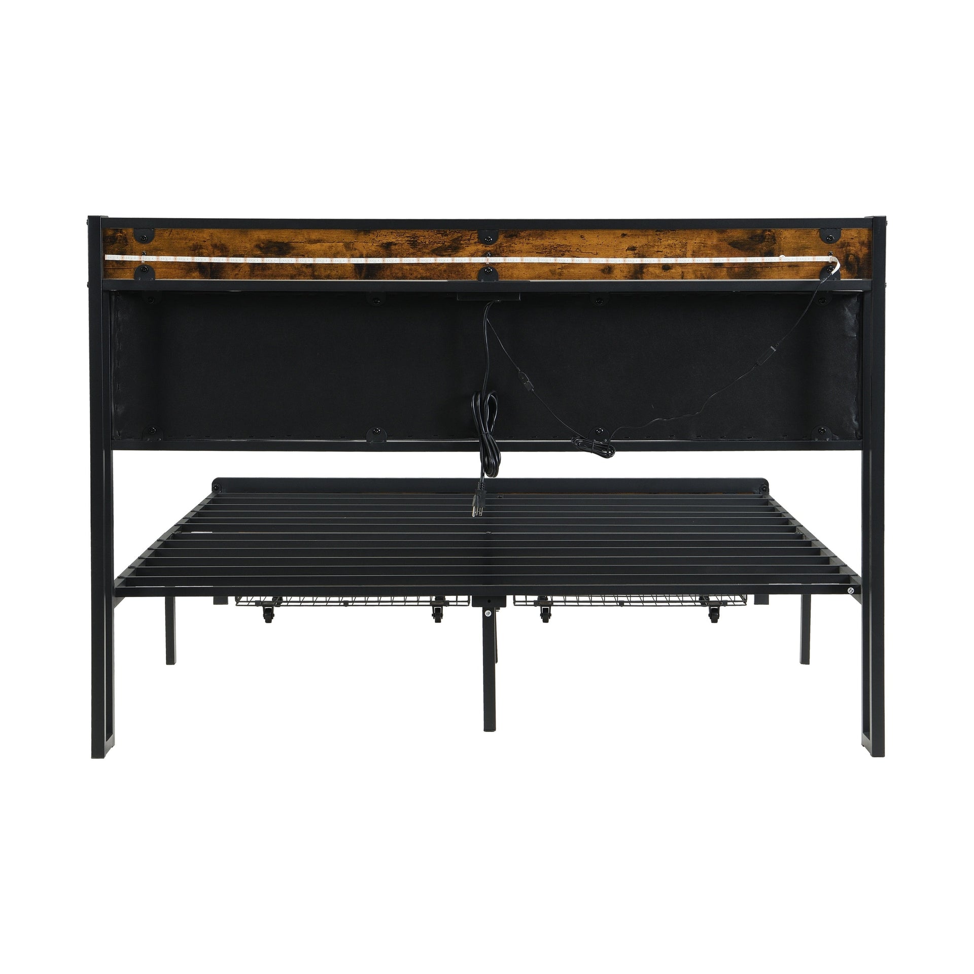 Modern Full Bed Frame with LED Lights, Upholstered Headboard, Storage Drawers, USB Charging, Grey MDF & Iron