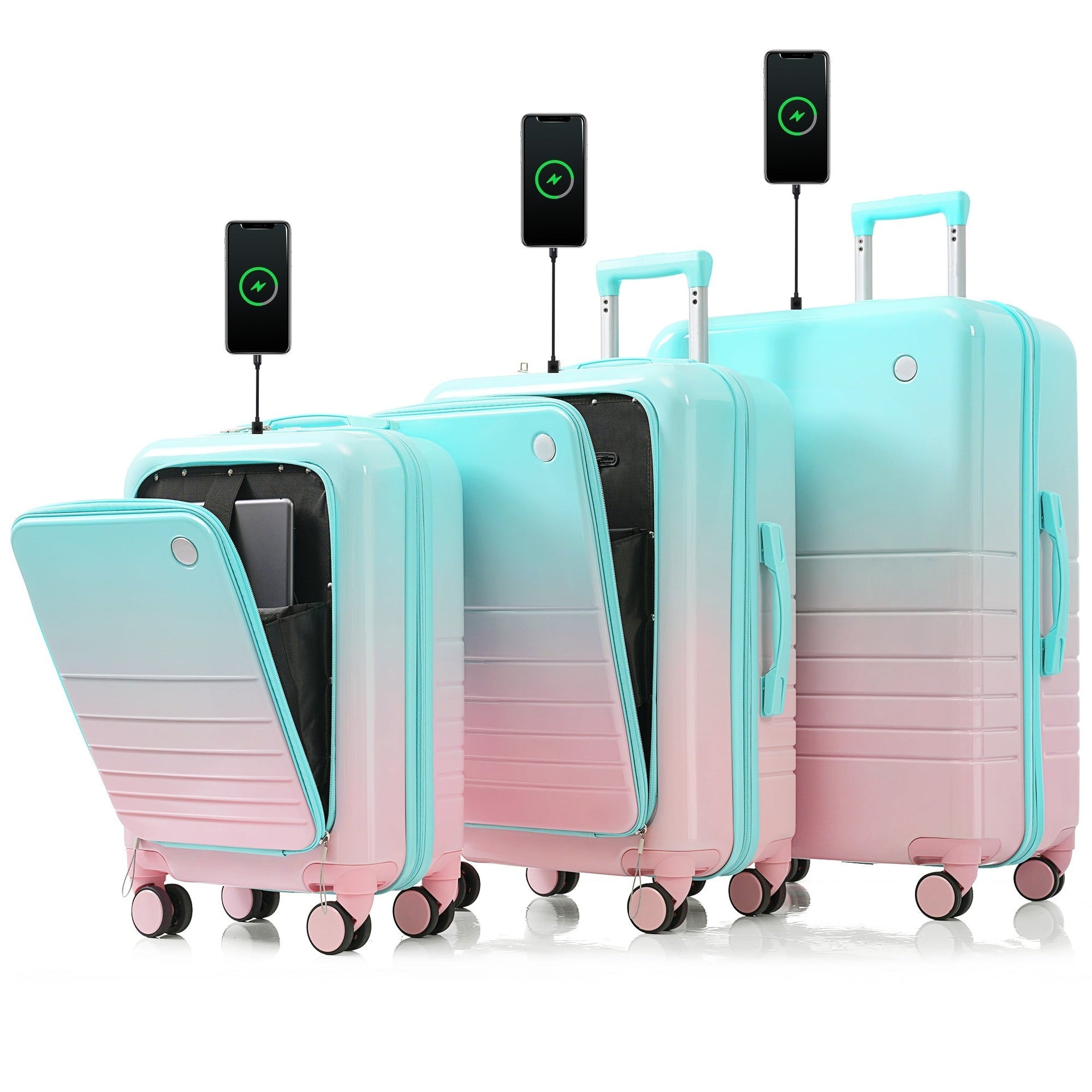 Luggage Set of 3, 20, 24, 28inch with USB Port, 20, 24inch with front opening design Airline Certified Carry on Luggage with Cup Holder, ABS+PC Hard Shell Luggage with Spinner Wheels, light blue