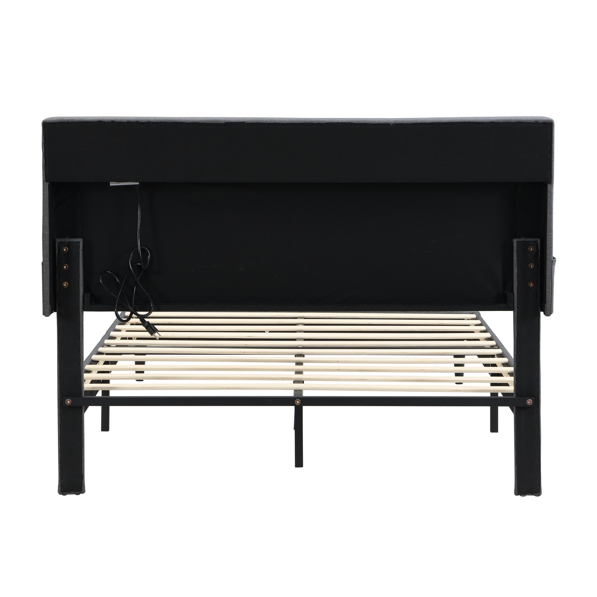 Modern Upholstered King-Size Platform Bed Frame with Button-Tufted Linen Headboard and USB Ports, Dark Grey