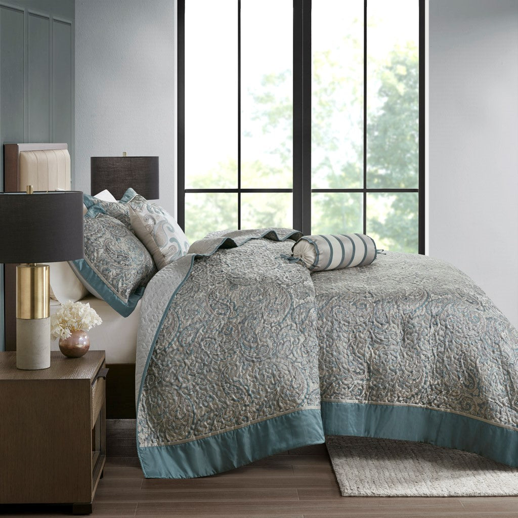 Aubrey 5 Piece Reversible Jacquard Bedspread Set in Teal