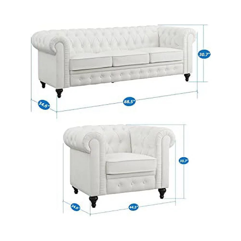 2 Piece Living Room Set, Faux Leather Chesterfield Sofa & Chair, Deep Button Tufted with Rolled Arms, Home Furniture