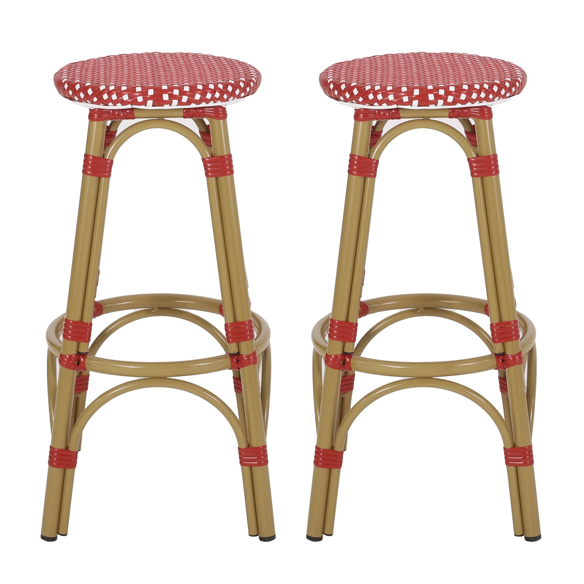 Outdoor PE Ratten and Aluminum 29.5' French Backless Barstools, Set of 2, Red, Bamboo Print Finish