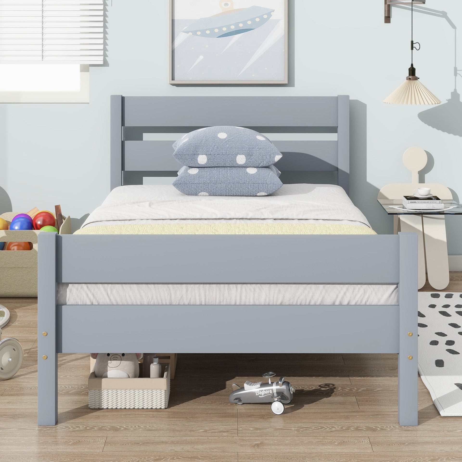 Twin Bed with Headboard and Footboard,Rubber Wood Bed,Grey
