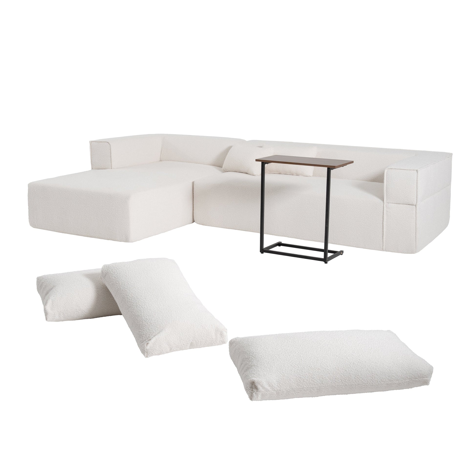 112'Modular Sectional Sofa with Free Side Table,Wide Seat,Fully Compressed,Wrinkle-resistant Boucle Fabric Couch with Chaise,Free Combination,L-Shaped Sofa for Living Room,No Assembly Required,3 Color