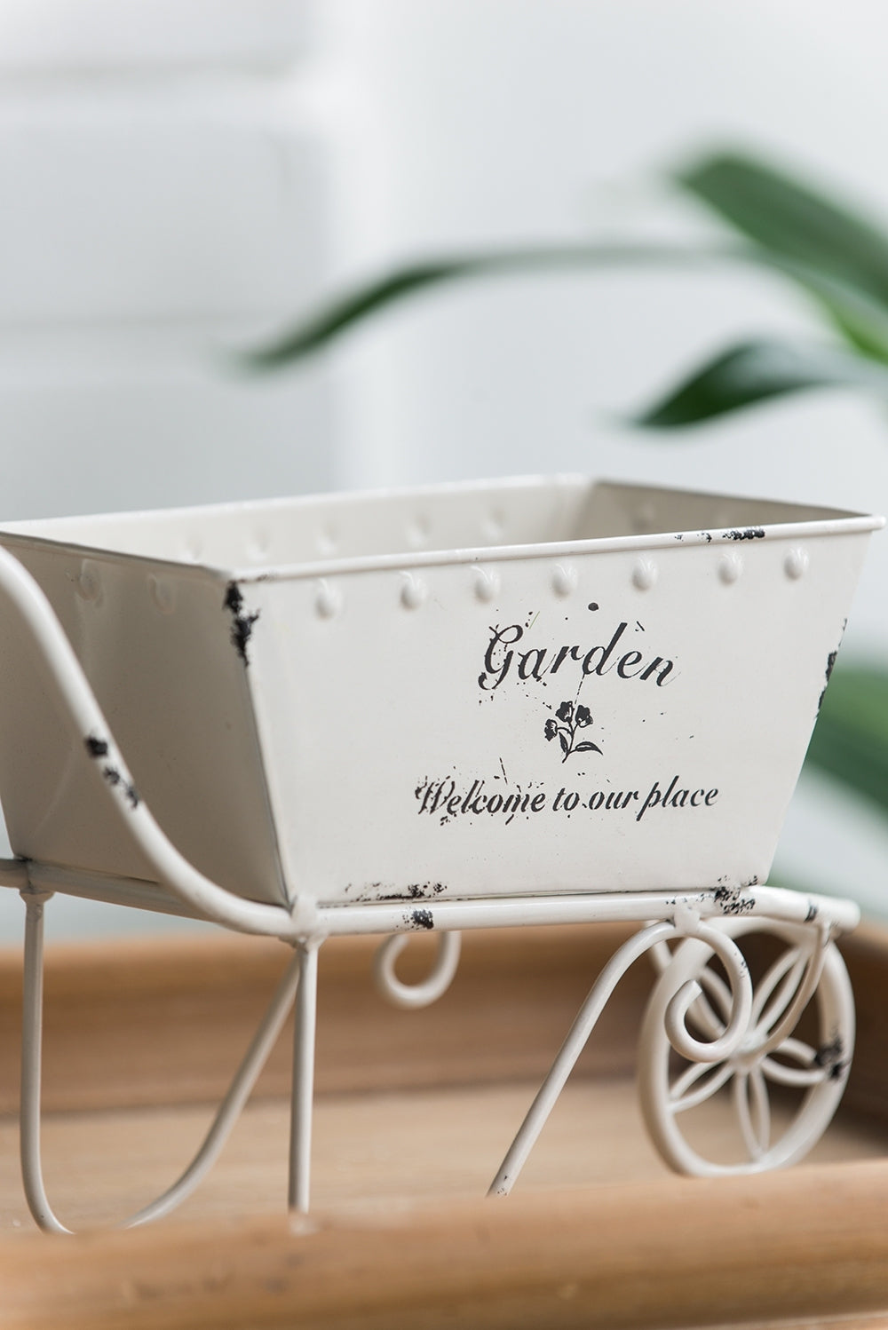 11.5x4x7' White Metal Decorative Disressed Wheelbarrow Planter, Tabletop Decor