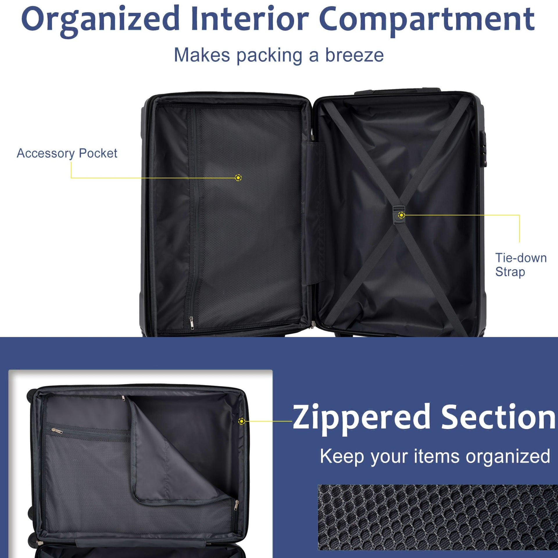 Luggage Sets 3 Piece, Expandable Hard shell ABS Suitcases with Double Spinner, Travel luggage Set with TSA Lock (20/24/28inch, Blue)