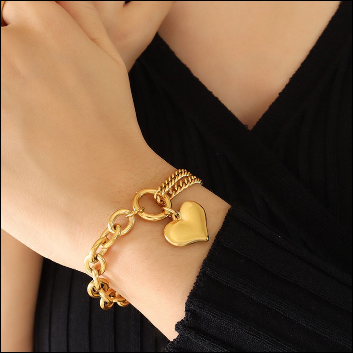 Gold Half Chunky Chain Heart Charm Bracelet