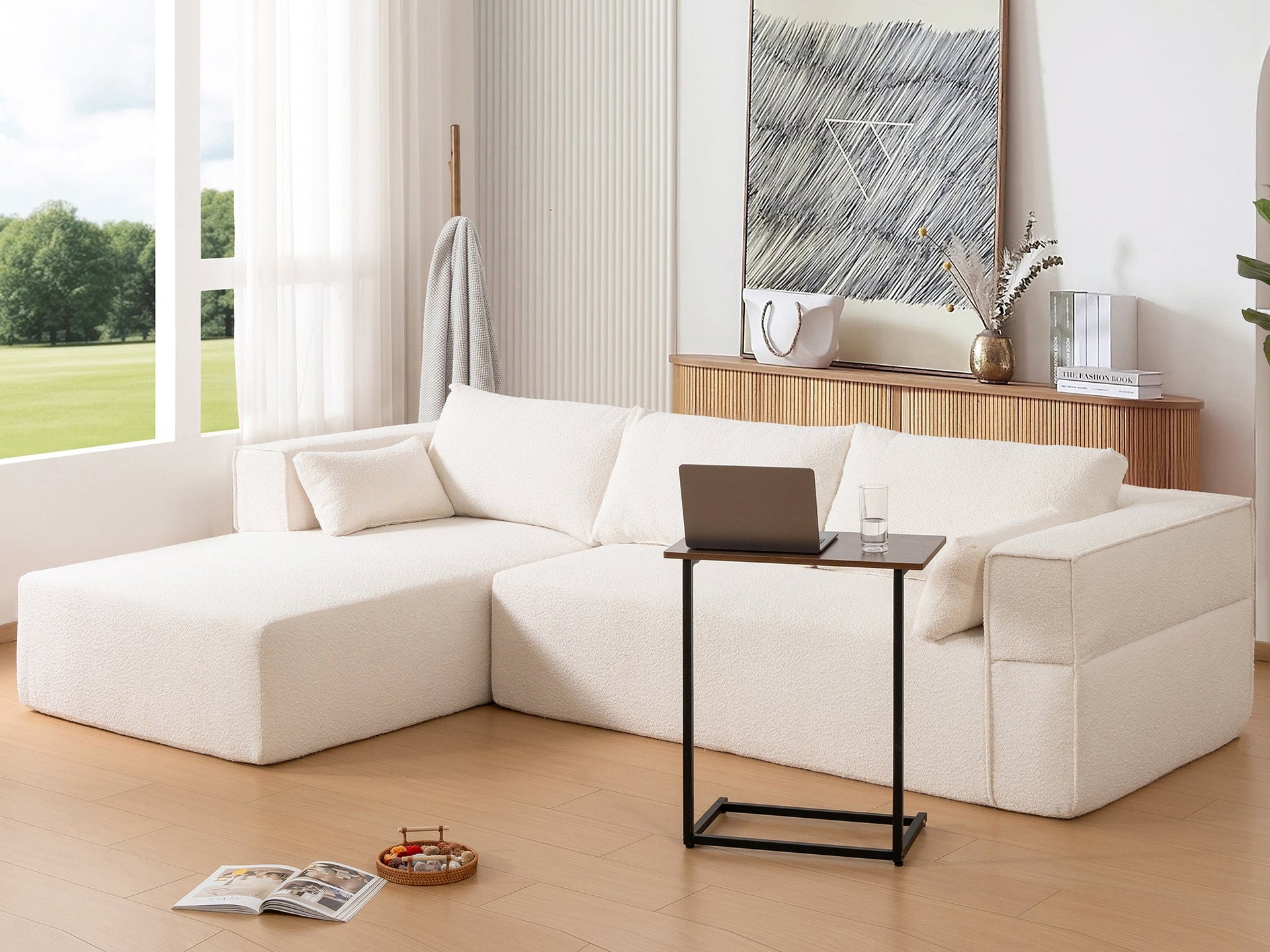 112'Modular Sectional Sofa with Free Side Table,Wide Seat,Fully Compressed,Wrinkle-resistant Boucle Fabric Couch with Chaise,Free Combination,L-Shaped Sofa for Living Room,No Assembly Required,3 Color
