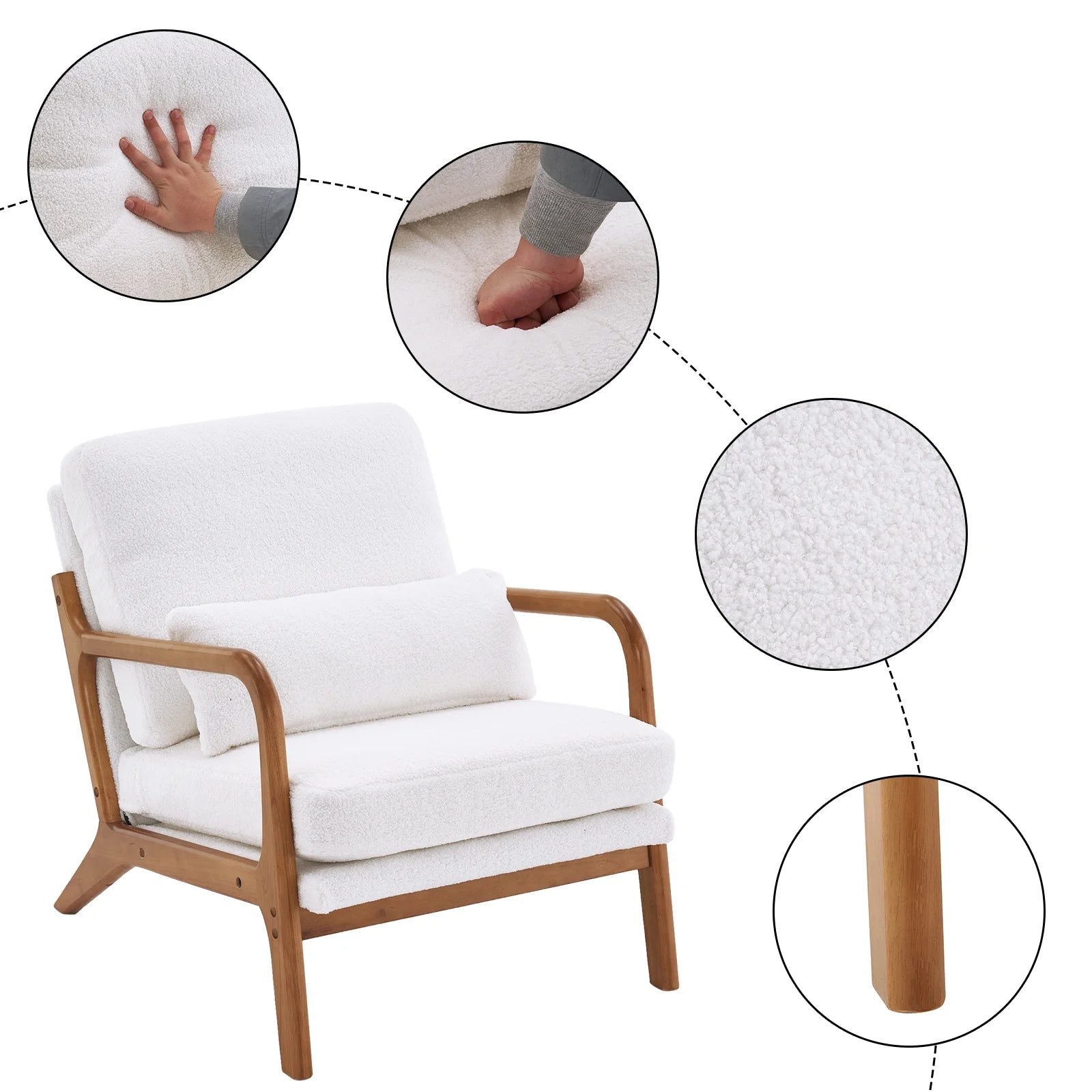 Modern Wood Club Chair Teddy Velvet Fabric Upholstered Reading Accent Chair with Solid Wood Frame Beige