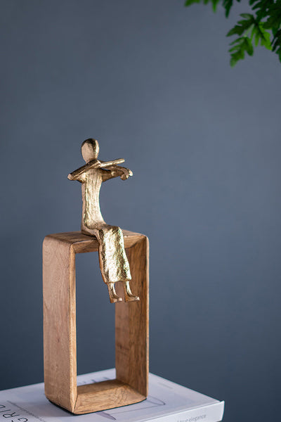 Musician Figure Sculpture with Mango Wood Base Decorative Tabletop Accent