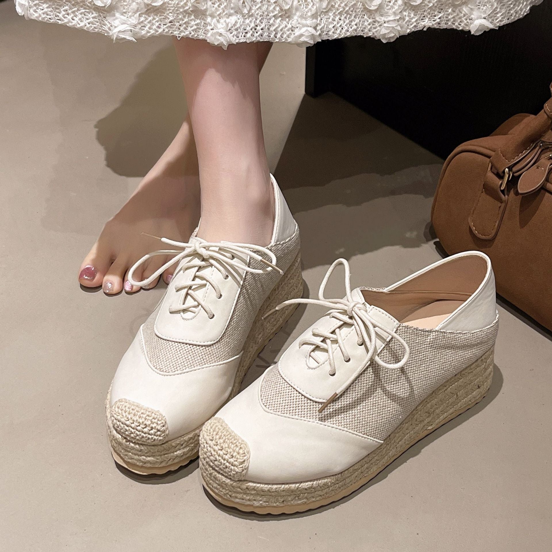 Fisherman's shoes woven grass slope heel women's shoes waterproof front strap high-heeled slope heel fisherman's casual shoes 