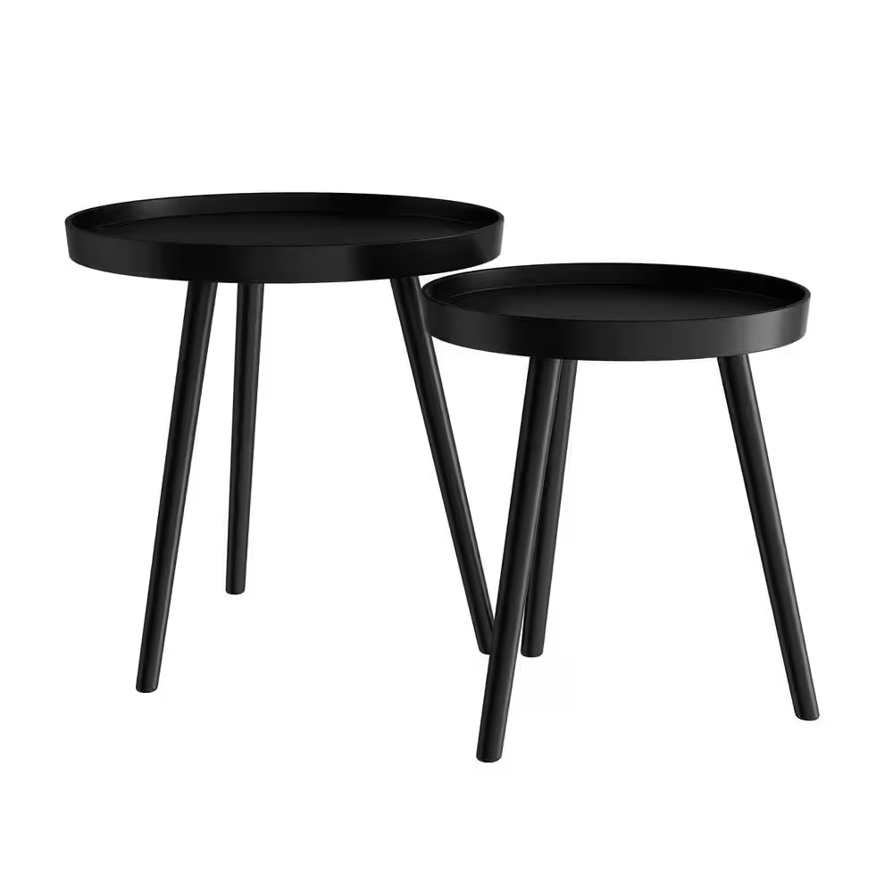 Wooden Nesting round Tray Top Matte Black Side Tables (Set of 2)