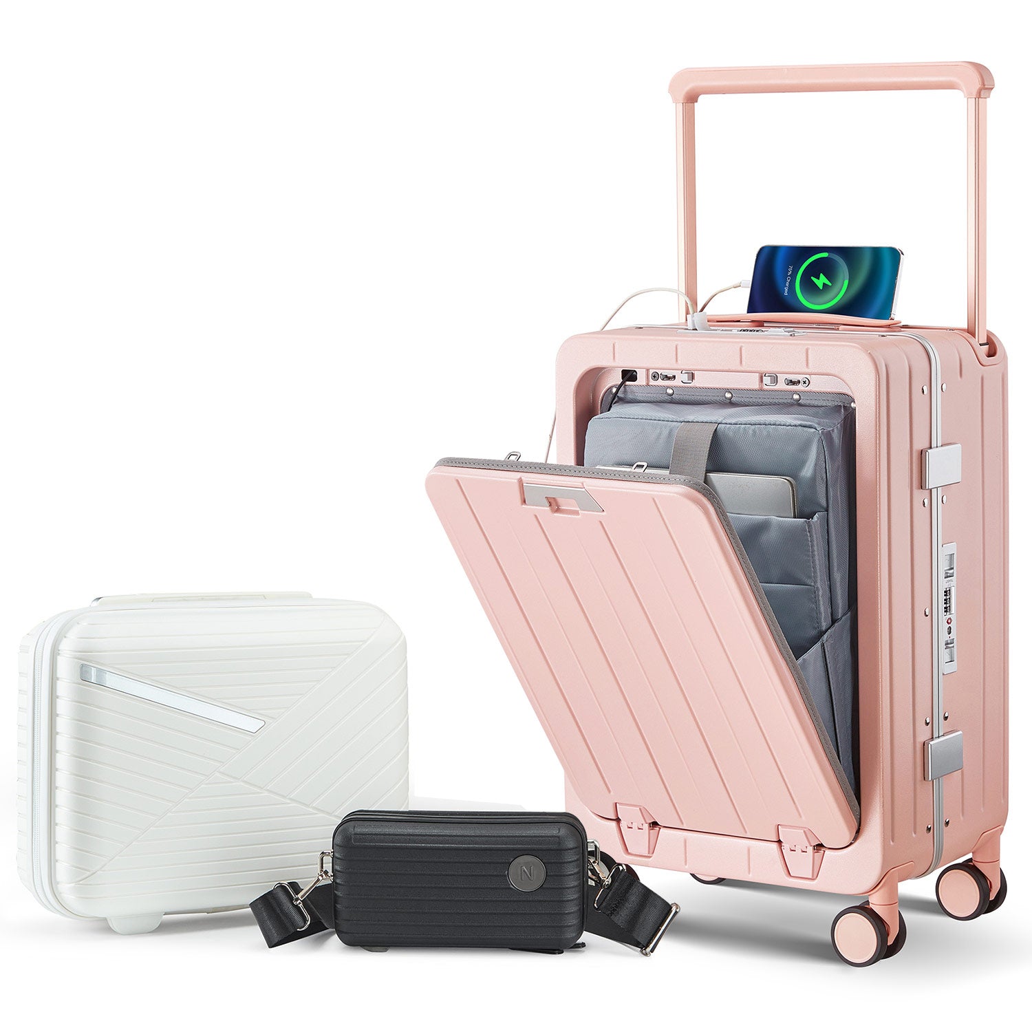 Aluminum Frame 20 Inch with Front Open Carry-on Luggage, PC Hard Shell Suitcase, Bounce Wide Handle Pull Rod Luggage with 360°Double Wheels, Built-In TSA Lock, Airline Approved Suitcase for Business