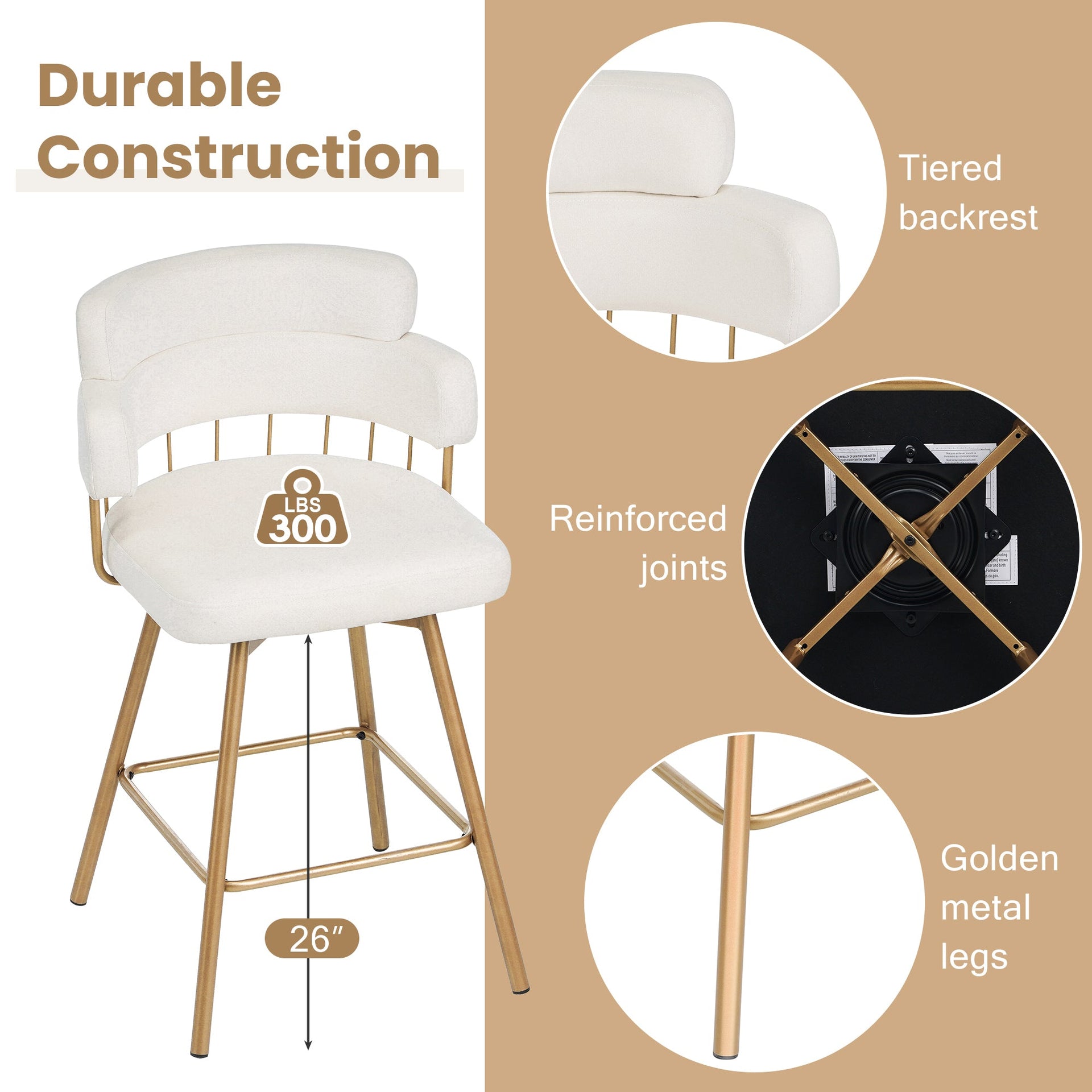 26' Counter Height Bar Stools Set of 2, 180° Swivel Upholstered Barstools with Backs and Metal Legs, Bar Stools for Kitchen Island, Cafe, Pub,