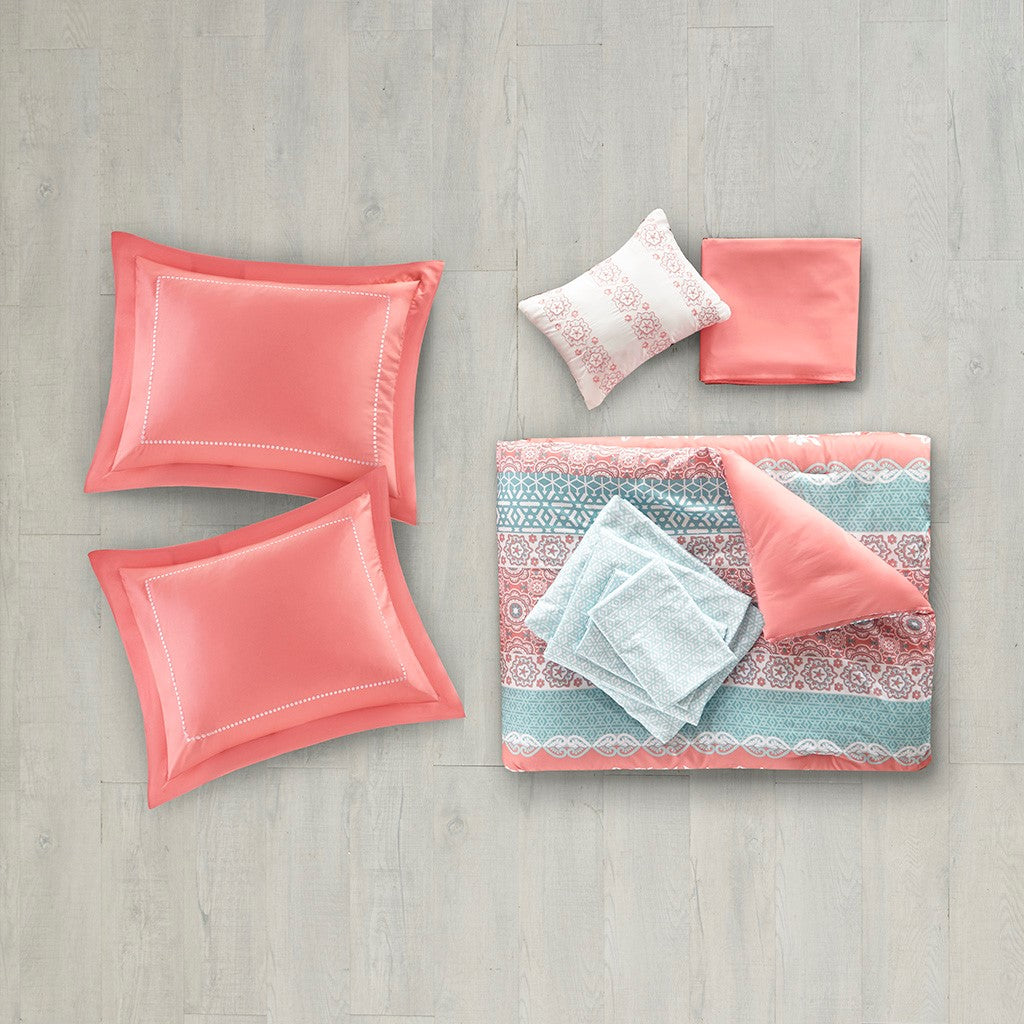 Loretta Boho Comforter Set with Bed Sheets in Coral by Intelligent Design