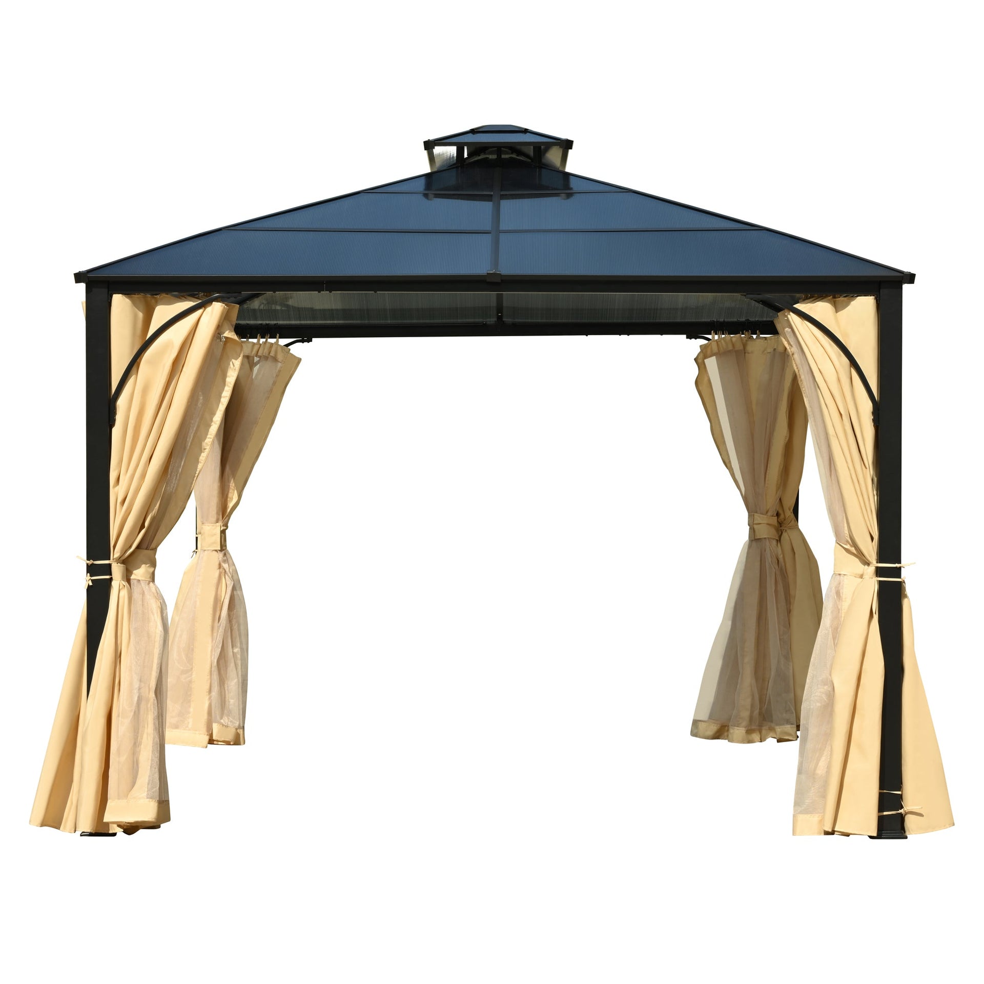 TREXM 10'x12' Hardtop Outdoor Gazebo, Heavy Duty Double Roof Patio Gazebo with Aluminum Frame, Double-Layer Side Walls Mosquito Netting & Privacy Curtains for Patio, Garden, Backyard (Beige)