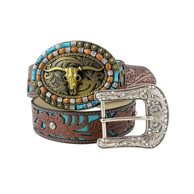 TOPACC Western Turquoise Belts - Turquoise Longhorn Cow Bull Belt Buckle Copper/Bronze