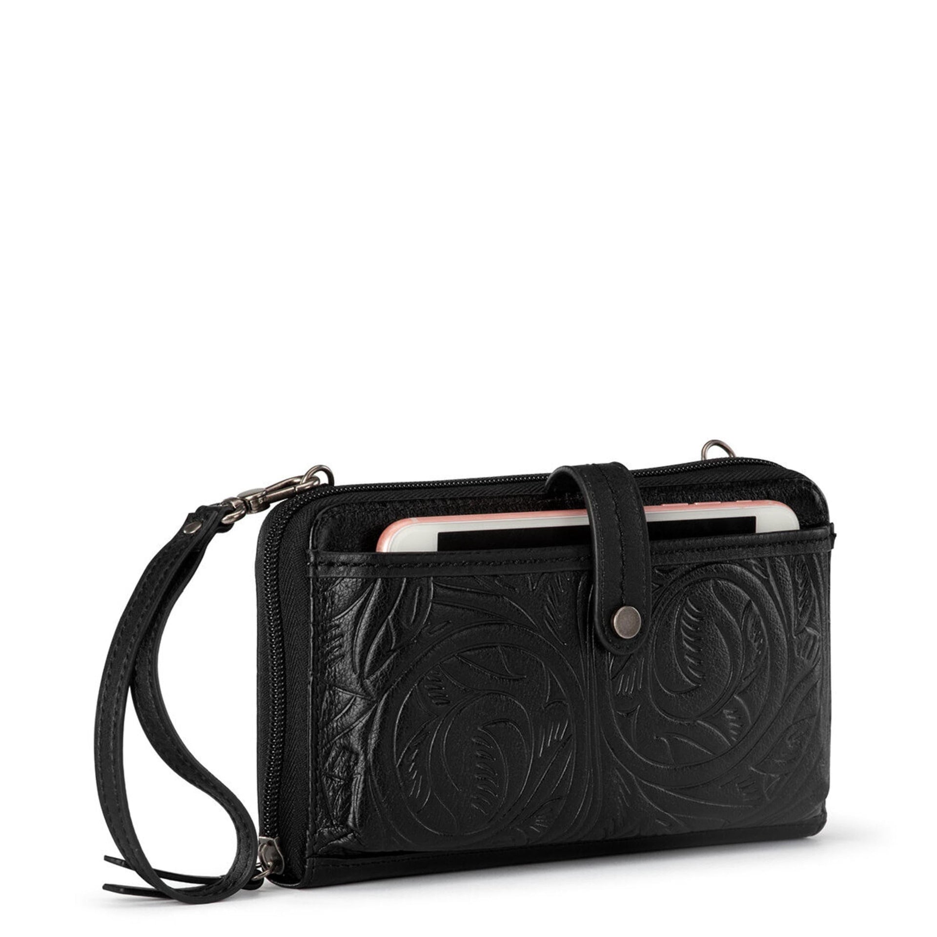 Iris Smartphone Wallet - Leather - Black Leaf Embossed