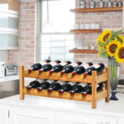 2-Tier 12 Bottles Bamboo Storage Shelf Wine Rack-Natural
