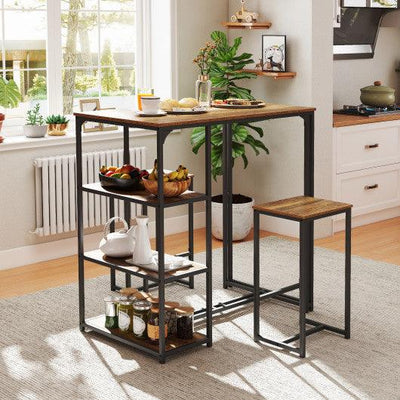 3-Piece Bar Table Set for 2 Bar-Height Dining Table with 2 Stools-Rustic Brown