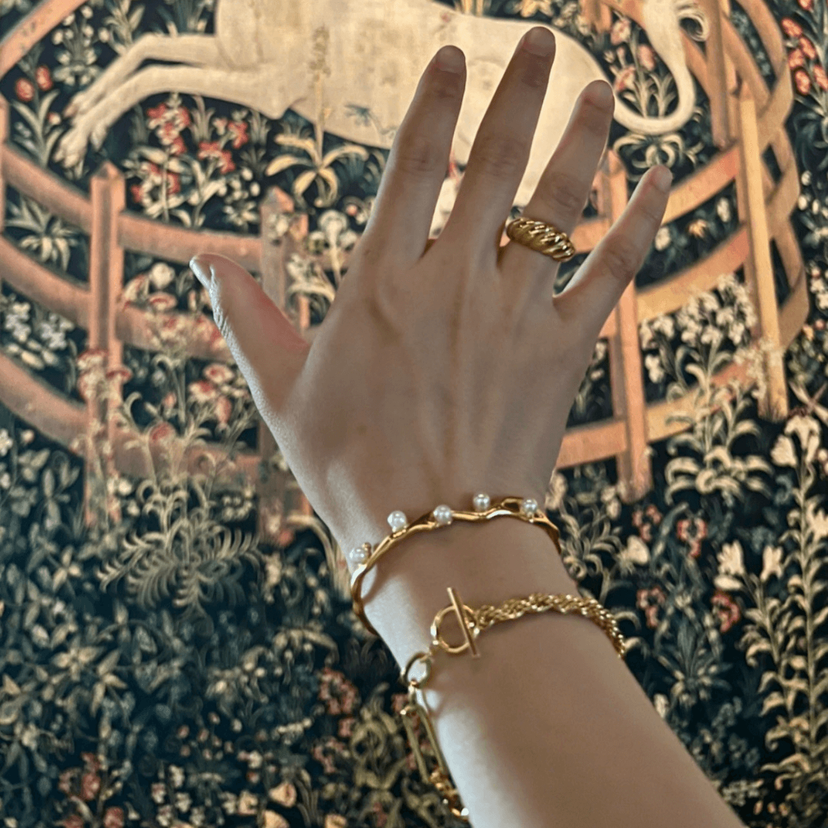 Gold Pearl Open Bangle Bracelet