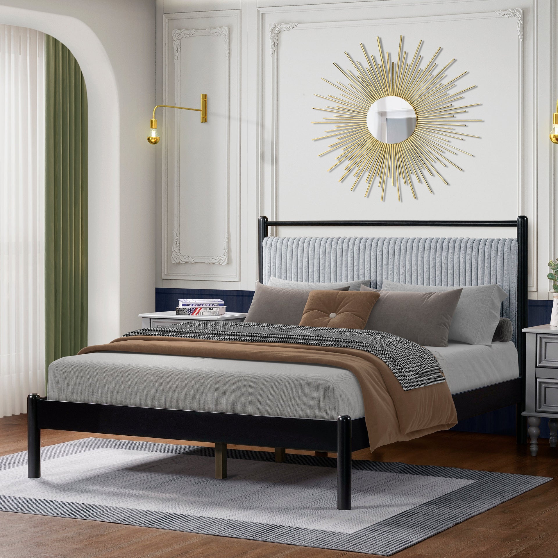 Full size Wood Bed Frame with Fluffy Soft Headboard,Grey+Black Frame
