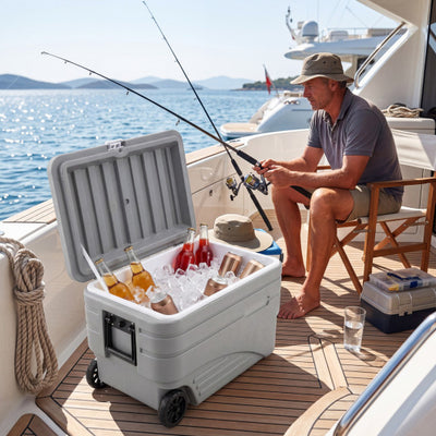 103 Quart Outdoor Portable Wheeled Ice Cooler with Foldable Pull and Carry Handles-Gray