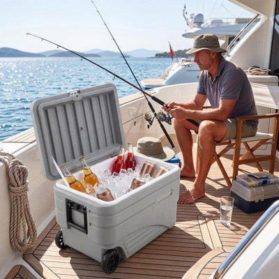 103 Quart Outdoor Portable Wheeled Ice Cooler with Foldable Pull and Carry Handles-Gray