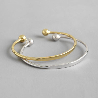 925 Sterling Silver Jewelry Simple Cuff Bangle Bracelet With Beads Ends For Womens Gift