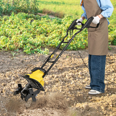 10 Amp Powerful Corded Electric Tiller Cultivator with Safety Lock-Yellow