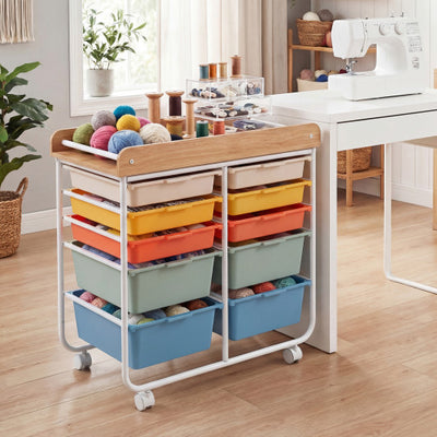 10-Drawer Rolling Cart with Wooden Tabletop and Lockable Wheels for Office-Macaron