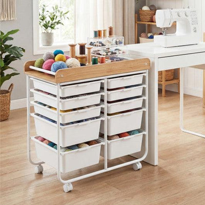 10-Drawer Rolling Cart with Wooden Tabletop and Lockable Wheels for Office-White