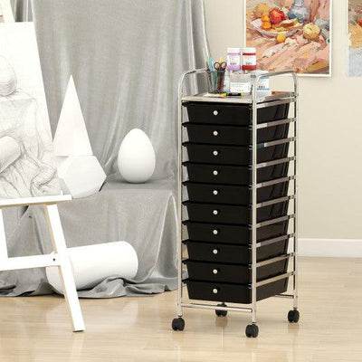 10-Drawer Rolling Storage Cart with Metal Frame and Lockable Universal Wheels-Black