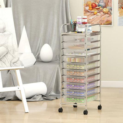10-Drawer Rolling Storage Cart with Metal Frame and Lockable Universal Wheels-White